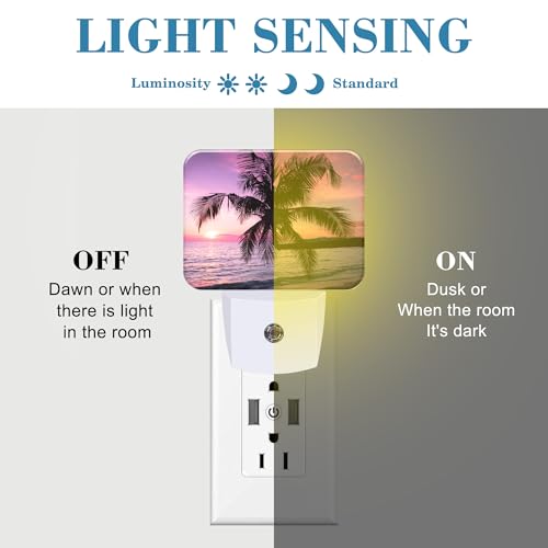 Image of Beautiful Purple Pink Sunset Night Light Tropical Palm Tree Nightlight Plug into Wall with Dusk to Dawn Sensor for Kid Girls Boys Women Men Room, Hallway, Kitchen, Bathroom, Stairs Decor