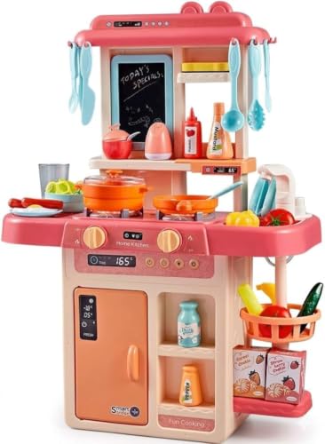 Image of Kitchen Play Set for Kids with Running Water Sink, Steam Cooking Stove, Sound & Light Effects, Refrigerator Storage, Writing Board, 42 Accessories Pretend Play Cooking Toy for Boys & Girls
