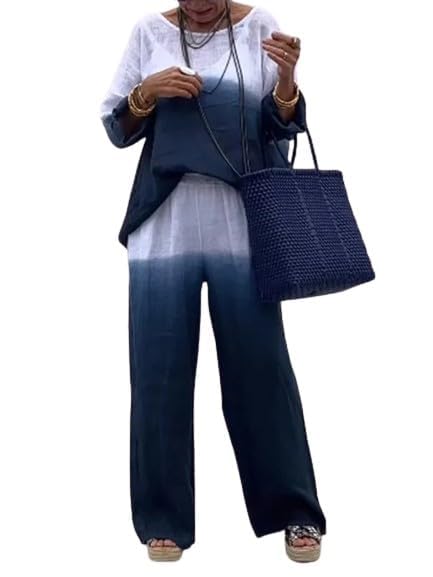 Linen Pants Set for Women Plus Size 2 Piece Outfits Gradient Long Sleeve Shirt Top Wide Leg Pants with Pockets