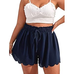 MakeMeChic Women’s Plus Size Elastic Waist Scallop Trim Flowy Wide Leg Shorts
