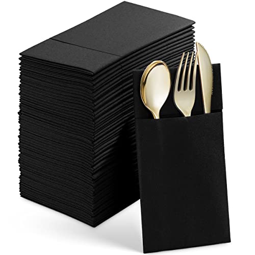 Disposable Linen-Feel Dinner Napkins With Built-in Flatware Pocket, 50-Pack BLACK Prefolded Cloth Like Paper Napkins For Wedding, Dinner Or Party by Servietto - Used condition - US$26.96
