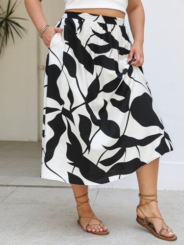 CUPSHE Women's Plus Size Mid Skirt High Elastic Waist A Line Side Pocket Casual Flowy3