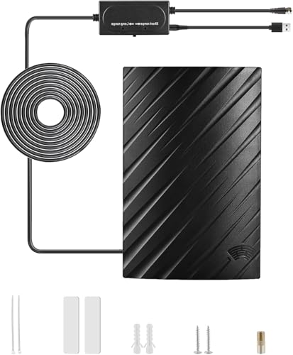 Antenne TV Extérieure Intérieur, 39DBI 480 km Réception Antenne TNT avec Câble Coaxial de 10m, Gain élevé Signal Amplificateur et Mode Double Signal pour...