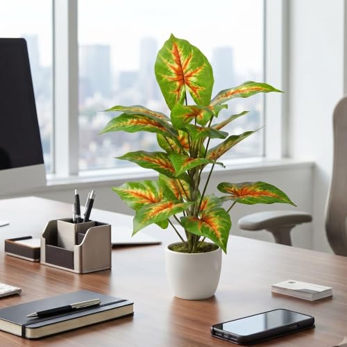 Image of Dekorly Artificial Caladium Plant Tree with White Pot 26 Inches | 66cm - Realistic Faux Leaf Plant for Home Decor, Bedroom, Living Room & Office