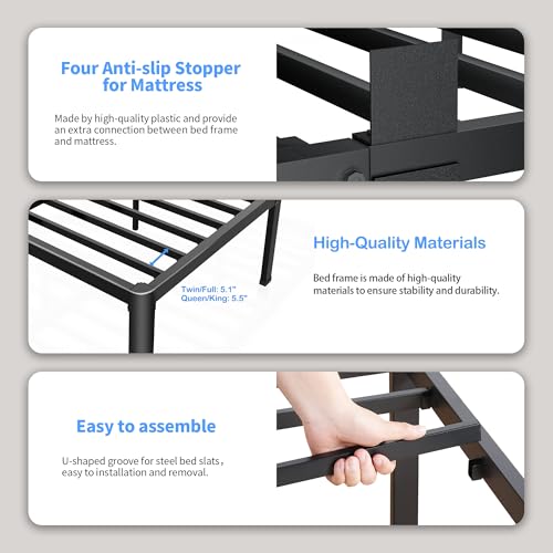 ROIL 4 inch Metal Queen Bed Frame with Rounded Corner Mattress Retainers 3500LBS Heavy Duty Steel Slats No Box Spring Needed Platform Noise-Free Easy Assemble