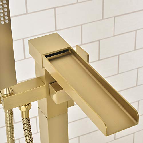 SHAMANDA Luxury Freestanding Bathtub Faucet Single Handle Waterfall Tub Filler with Handheld Shower Brushed Gold, Floor Mounted, FL701-3