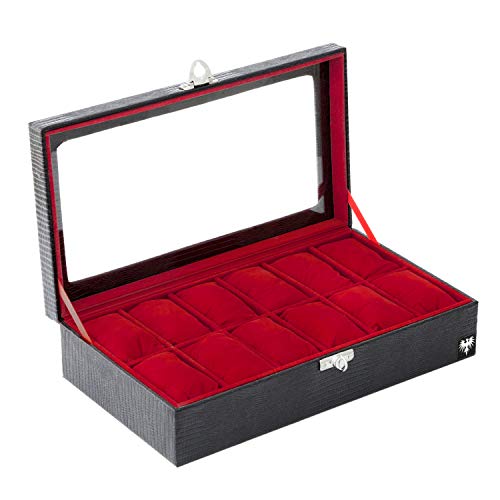 Porta-Relógios Total Luxo Couro Ecológico Preto Vermelho 12 Divisórias (6x2)