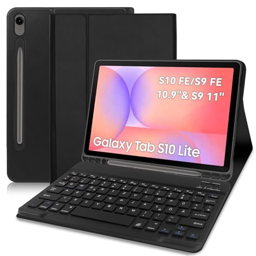 Tastatur Hülle für Samsung Galaxy S10 Lite/S10 FE/S9 FE 10.9 Zoll/Tab S9 11 Zoll, Schutzhülle mit Pencil Halter QWERTZ Layout, Magnetisch Abnehmbarer, Schwarz