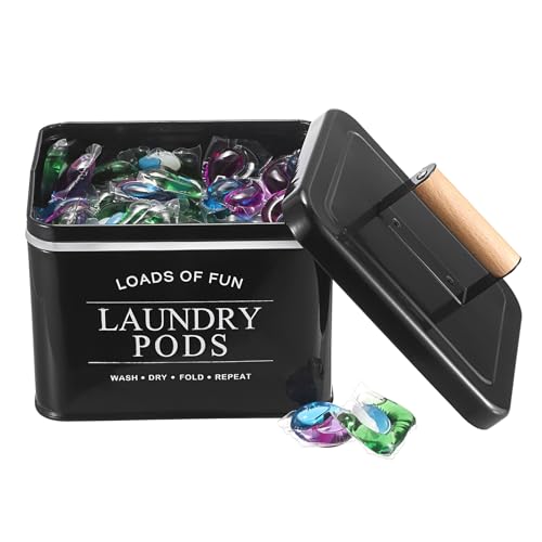 TOLIDA Metal Laundry Pods Container with Lid - Black Square Storage Box for Laundry Pods, Detergent Pods Holder for Laundry Room, Metal Storage Container for Washing Pods, bath Bombs