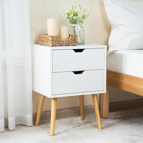 Image of VASIL MART Bedside Tables, Wooden Nightstands with Solid Wood Legs & 2 Drawers, End Tables Storage Units for Living Room /Bedroom,etc .(White)