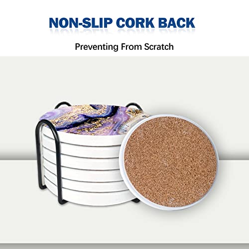 Artso Coasters For Drinks Absorbent Ceramic Stone Coaster For Coffee Table Wooden Table, Set Of 6 Marble Drink Coaster With Cork Base, Housewarming Gift Bar Home Deco, 4 Inch,Purple Marble #TOP2