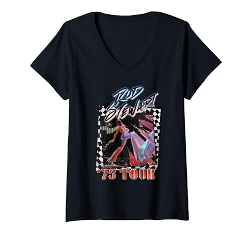 Women's Rod Stewart 75 Tour Retro V-Neck T-Shirt, Black, Large