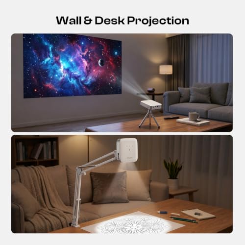 Image of Caydo M1C Art Projector with Desktop Clamp‑Style Adjustable Stand | DLP Technology, Palm-Size Design, 8000mAh Rechargeable Battery, 4K Support, 10''-100'' Projection, 30,000 Hours Lifespan