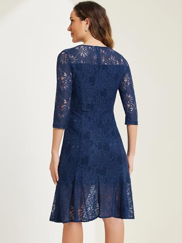 Image of Allegra K Women Elegant Lace Ruffles 3 /4 Sleeves Bodycon Fishtail Dress | Slightly stretchy. Invisible zipper. Floral ruffled hem. Cocktail, Evening, Party, Date. Feminine charm.