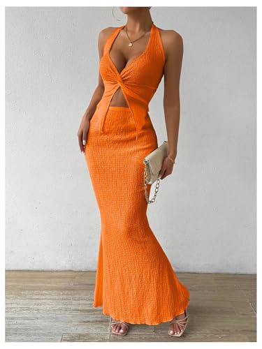Image of SOLY HUX Women's Two Piece Outfits Twist Front Halter Cami Tops and Skirt Summer Set