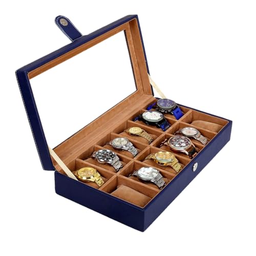 Image of Leather World Faux Leather Watch Box Organizer For Men & Women - Wrist Watch Box Holder 12 Slots - Removable Pillows Display Case - Gift for Loved Ones - BLue