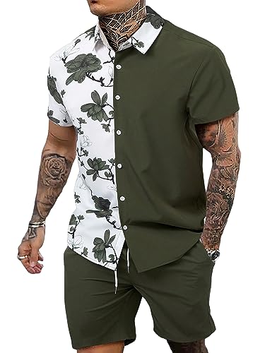 GORGLITTER Vacation Outfits for Men Summer Beach Outfit Floral Boho Tracksuits Hawaiian Shirt Shorts Sets