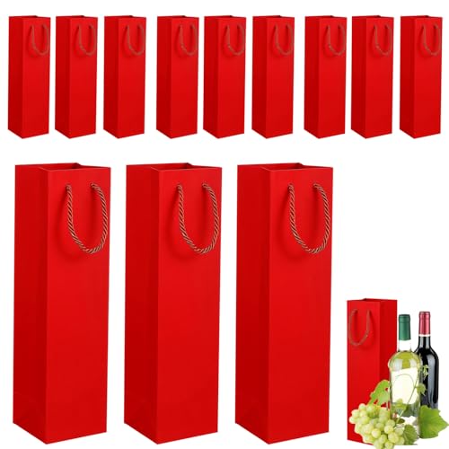 COSORO Bolsas Para Botellas de Vino con Asas,12 piezas Bolsas Papel Kraft Rojo,Fuerte Reciclable Regalos de Embalaje Botellas para Vino Whisky Champán para Fiestas Bodas Cumpleaños Navidad