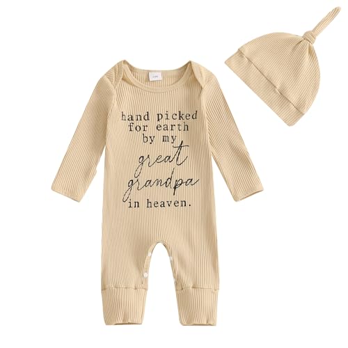 Image of YOKJZJD Hand Picked For Earth By My Great Grandpa Grandma In Heaven Newborn Baby Boy Girl Fall Clothes Romper Jumpsuit +Hat