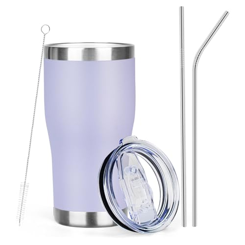 MEZMUT 20oz Coffee Tumbler with Lid and Straw Double Wall Vacuum Insulated Cup Stainless Steel Travel Mugs Insulated for Hot & Cold Leakproof Powder Coated Tumbler for Indoor Outdoor(Light Purple)