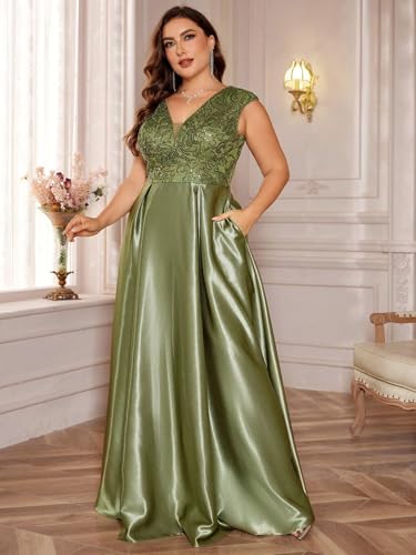 Image of Plus Size Satin Mother of the Bride Formal Gown for Wedding Sleeveless V-Neck Evening Dress