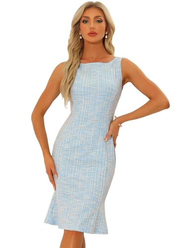 Allegra K Damen Tweed Kleid Ärmellose Elegante Karierte Bodycon Sommer Midi Kleider Blau XL