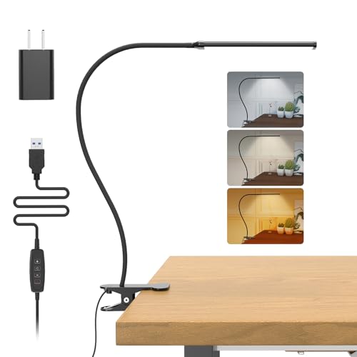Image of Mojimdo LED Desk Lamp with Clamp, LED Dimmable Reading Lamp with Flexible Gooseneck, 3 Colors & 10 Brightness Clamp Lamp with USB Adapter for Study Reading Workbench Crafting Drafting
