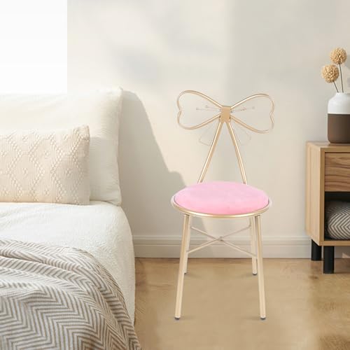 Image of Velvet Vanity Chairs, Metal Cute Butterfly Stool Chair Dresser Makeup Chairs Stool with Pink Velvet Cushion and Bow Knot Backrest for Girl Bedroom, Living Room (Dark Pink)
