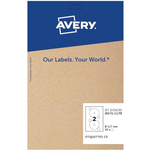 Avery - Pochette de 30 Étiquettes Autocollantes pour Identifier Les Cd. Personnalisables et imprimables. Diamètre 117 mm. impression jet d'encre