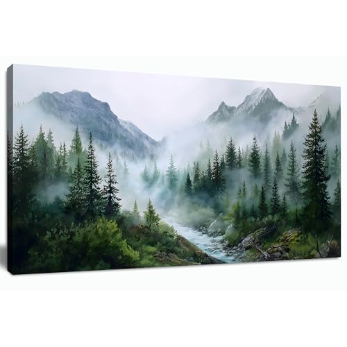 Trogonup Large Misty Forest Wall Art for Living Room Green