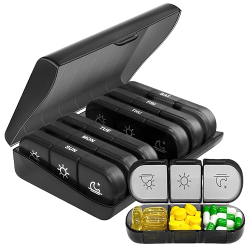 7 Day Pill Organiser 3 Times a Day Detachable Daily Pill Box with Compartments Portable Medication Organiser for Travel & Home Use(Black)