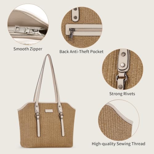 Image of Tote Bag for Women,Large Capacity Straw&Vegan Leather Tote Purses for Women,Shoulder Bags For Daily Travel Work Beach