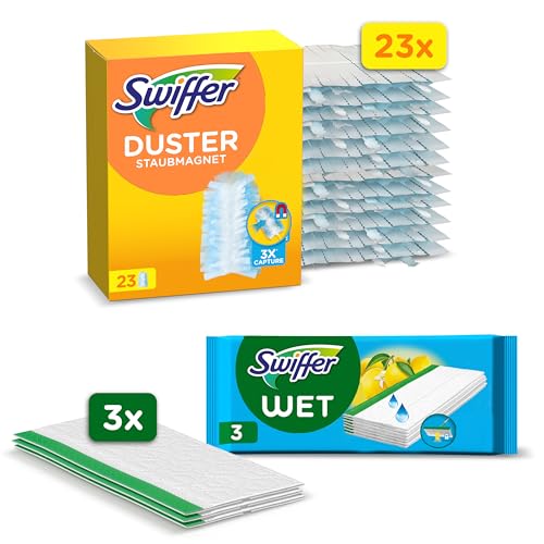 Swiffer Staubmagnet 23 Nachfülltücher und 3 Feuchte Bodentücher, Fängt Und Schließt 3-mal Mehr Staub Und Haare Ein Als Herkömmliche Staubwedel