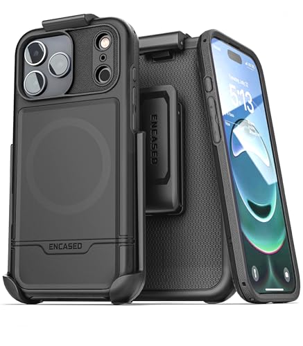Encased for iPhone 17 Pro Phone Case with Belt Clip (Rebel Armor) Protective Case with Camera Control Button and Holster (Compatible with MagSafe) Black