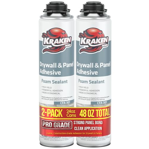 KRAKEN BOND Drywall & Panel Adhesive Foam - (2X24oz) Heavy-Duty, Fast-Curing Construction Adhesive for Concrete, Wood, and Heat Insulation Applications - 2 Pack