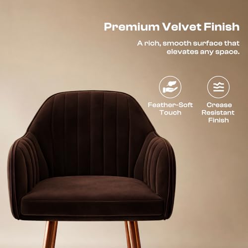 Image of Vergo Plush Velvet Dining Chair, Cushion Seat, Wooden Frame, Metal Legs, Premium Accent Chair for Living Room, Bedroom, Dining Room, Cafe & Restaurant (Set of 2, Dark Brown)