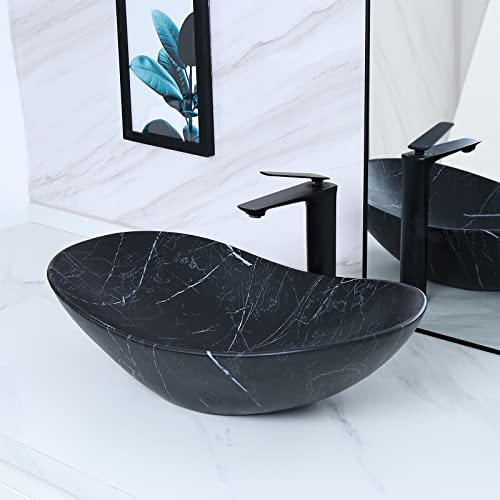 Davivy 24.5'' X 13.8'' Marbling Matte Black Oval Vessel Sink With Pop Up Drain,Boat Shape Bathroom Vessel Sinks,Bathroom Sinks Above Counter,Counter Top Sink,Ceramic Vessel Sinks For Bathrooms #TOP4