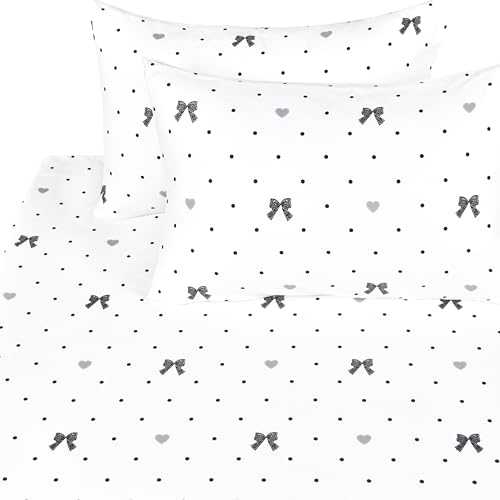 Image of Scientific Sleep Lace Bow Bowknot Black Dot 100% Cotton 4 Pcs Full Bed Sheet Set Kids Boys Girls Teens, Flat Sheet & Fitted Sheet & Pillowcase Kids Bedding Set (Bow, Full)