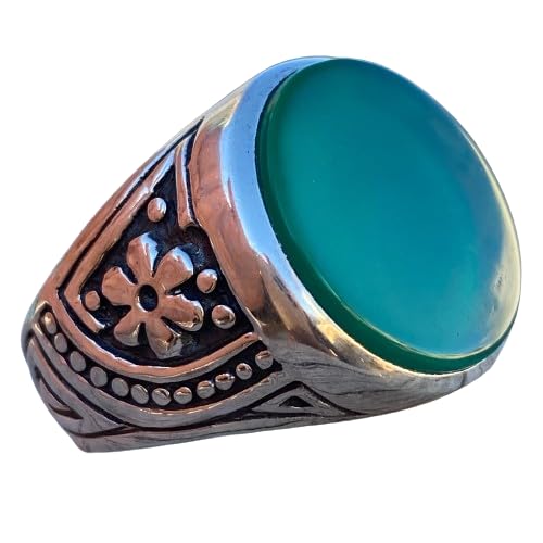 Antique akik store925 sterling Silver ring Natural Yemen green round Agate Aqeeq خاتم عقيق اخضر