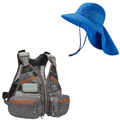 Youths Fly Fishing Vest with Multiple Pockets(One Size) & Kids UPF 50+ Wide Brim Sun Hat with Neck Flap(Royal Blue-Large) Bundle