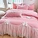 Girls Lace Bedding,Full Comforter Cover Set, Chic Ruffled Duvet Cover with Lovely Bow,Princess Style 1 Duvet Cover with 2 Pillowcases, No Comforter-Bright Pink,Full Size