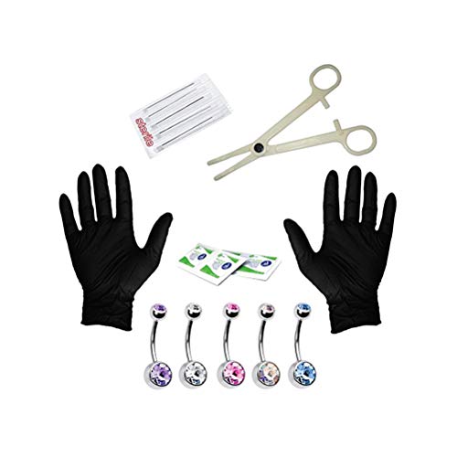 LUOEM 15pcs Piercing Kit Stainless Steel 14G Belly Button Ring Set Navel Ring Gloves Piecing Tool (Silver)