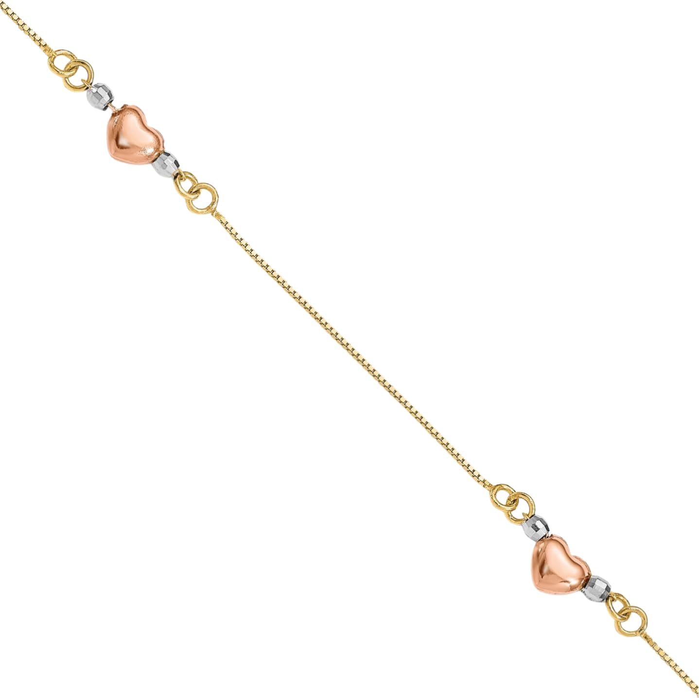 IceCarats 14K Solid Tri Color Gold 5mm Thick Box Chain Heart Charm Bracelet 7.25 inch Polished For Her