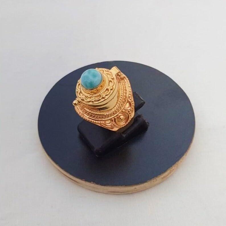 Natural Larimar Ring, Oval Stone Ring, Gold Plated Box Ring, Openable Ring, Vintage Box Ring, Poison Ring, Perfume Box ring, Handmade Poison Ring, Larimar Jewelry, Halloween Gifts