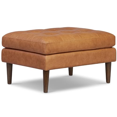 Image of Poly & BARK Napa Ottoman - Full-Grain Leather Upholstered Ottoman with Feather-Down Topper - Couch for Living Room - Vintage Italian Leather in Cognac Tan