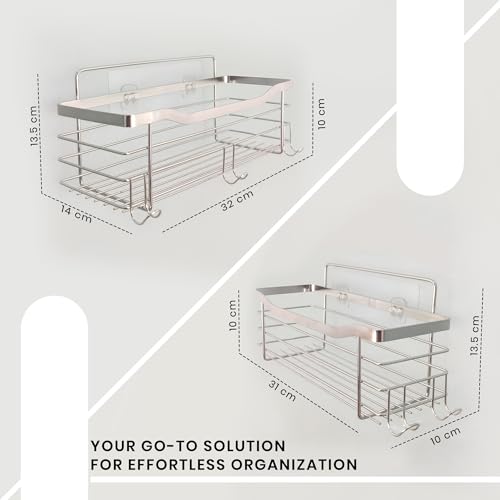 Image of IBELL Stainless Steel Wall-Mounted Floating Shelf for Bathroom, Living Room and Kitchen | Corner Rack for Bathroom | Shampoo Holder Multipurpose Bathroom Shelf with Adhesive(Pack of 2) IBL FX-05