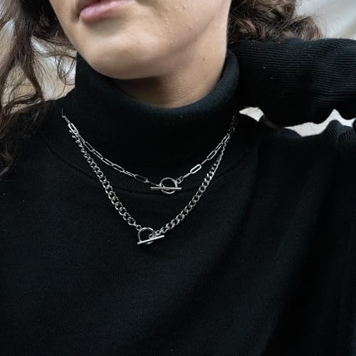 CHESKY Silver Layered Necklaces for Women, 14K Gold/Silver Plated Chain Necklaces for Women Trendy Chunky Paperclip Chain Necklace Dainty Sterling Silver Toggle Necklaces Set Jewelry for Her4