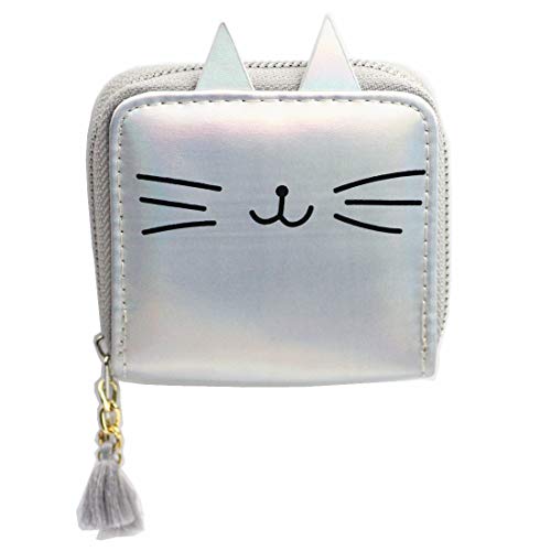 timlee Cute Girls Kitty Short Wallets Silver Cat Wallets With Tassels For Women Girls Christmas Gift(Silver Cat)