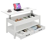 Panana Coffee Table, Lift Top Coffee Table with Hidden Compartment, 2 Drawers and 1 Open Shelf, Retro Central Wooden Table Lift Tabletop for Living Room (White)