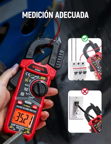 Miniatura 6 de Kaiweets Pinza Amperimétrica Ca Cc, Pinza Multímetro Para Medir Voltaje Corriente Ca Cc, Temperatura, Continuidad, Ncv, Diode, Con Linterna, Luz De Fondo, Mandíbula En Forma De D, Kc604